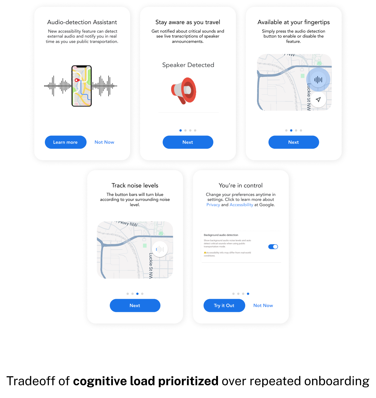 Image of interface iterations "Design Considerations - Experts suggested incorporating reminders of onboarding features throughout the transportation journey. However, repeated reminders could increase cognitive load and potentially hinder the experience."
