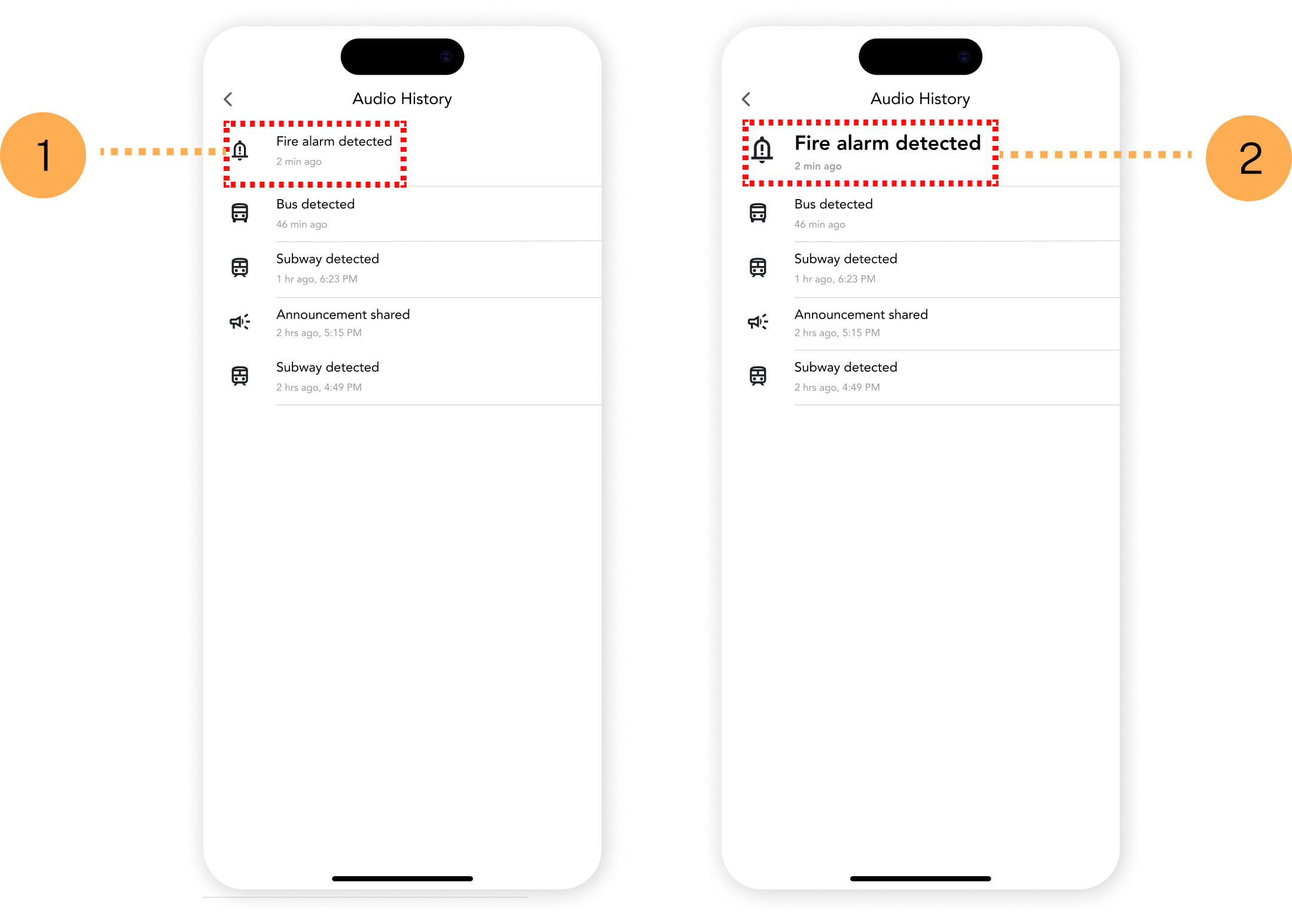 Image of interface iterations "Initial Design - Most recent audio cue did not have significance Experts from heuristic evaluation could not determine use case for this screen" "Final Design - Most recent history given bolded, larger appearance Gives significance to recent audio cue in history for recall" 