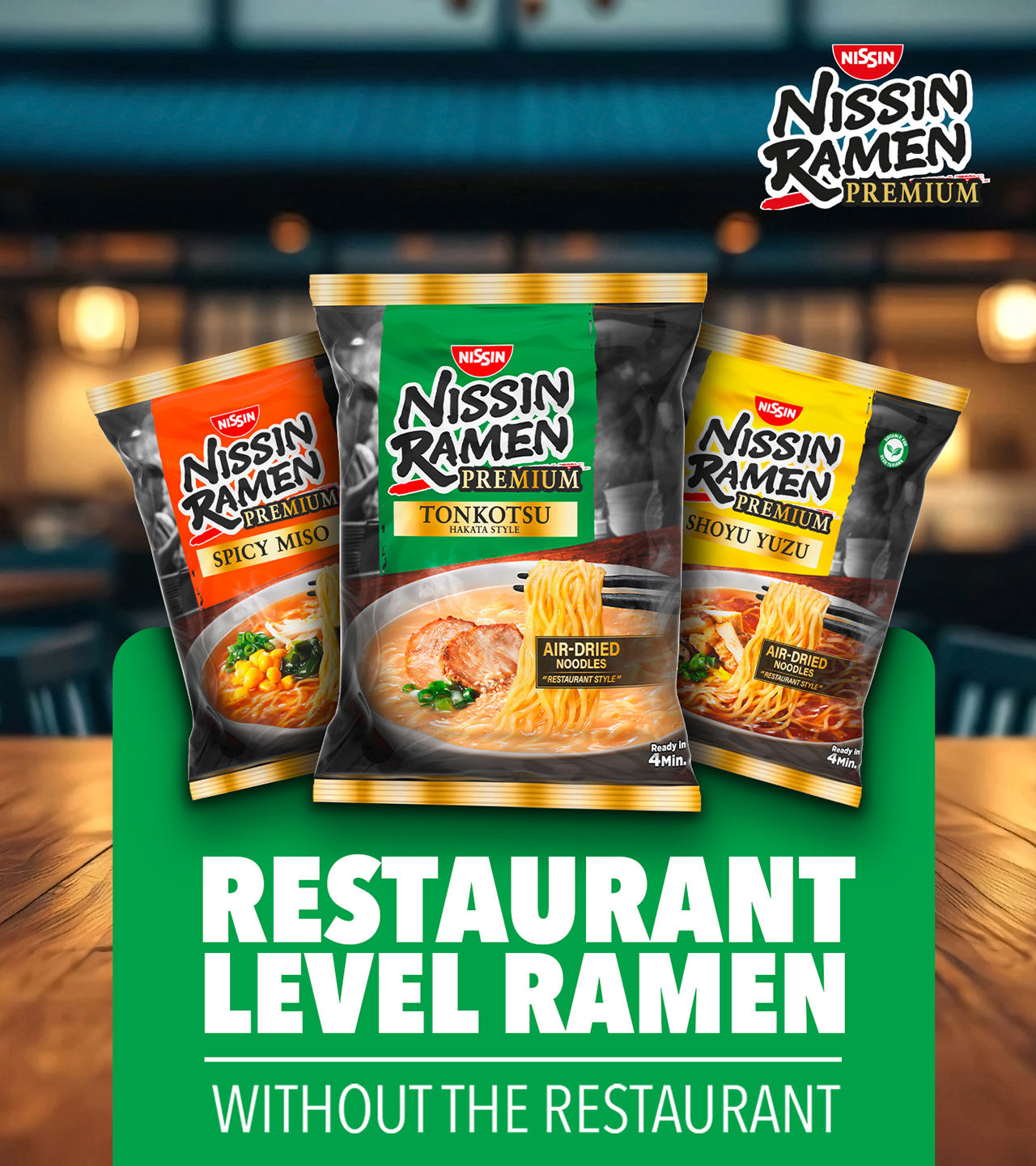 Nissin Ramen Premium japanische Instantnudeln Suppe im Bag in der Tüte Restaurant Qualität Luftgetrocknete Nudeln Yuzu Miso Tonkotsu