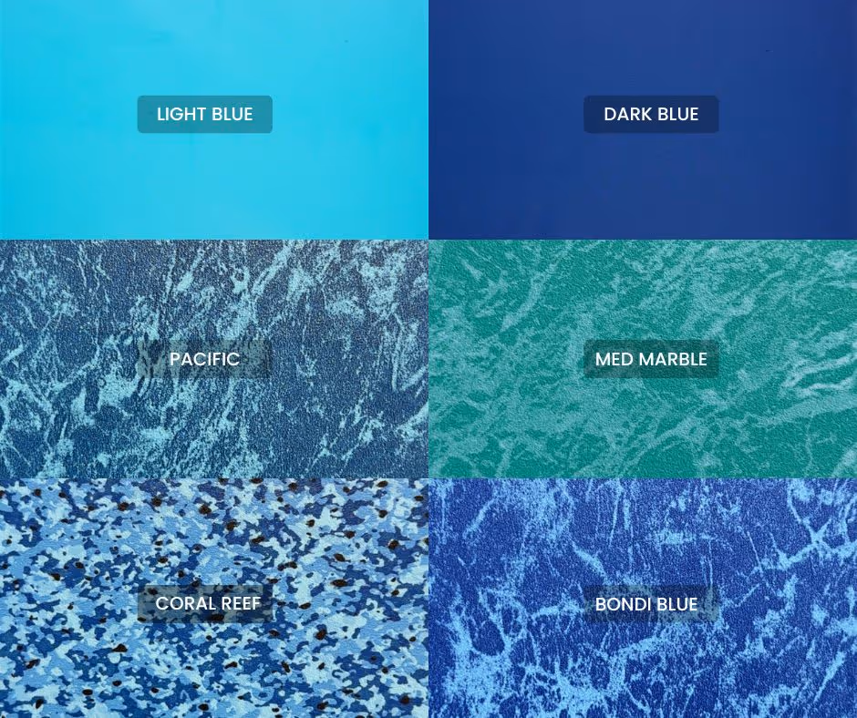 Six blue-toned pool liner samples labeled Light Blue, Dark Blue, Pacific, Med Marble, Coral Reef, and Bondi Blue.
