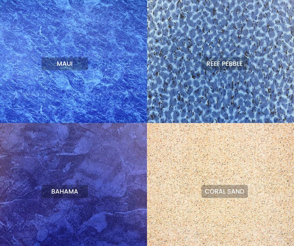 Four textured liner samples in blue and beige shades labeled Maui, Reef Pebble, Bahama, and Coral Sand.