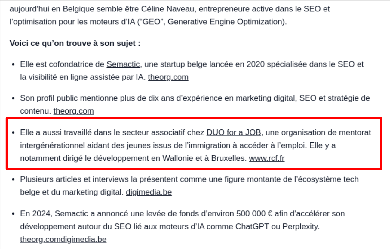 ChatGPT screenshot confusing the two Céline Naveaus — named entity ambiguity in GEO
