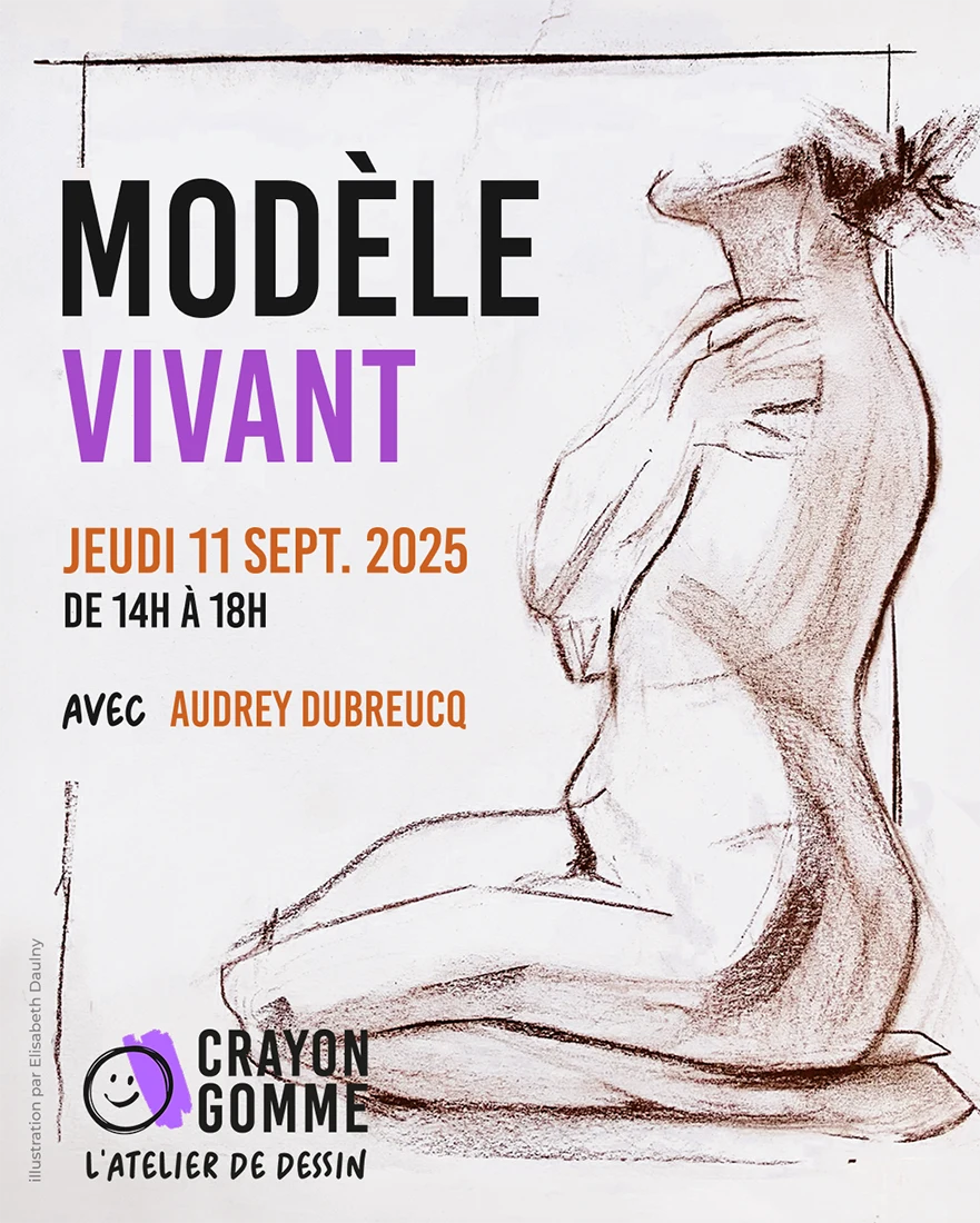 FLyer pour une séance de modèle vivant à Pornic. On voit le texte à gauche qui mentionne la date et l'heure, Jeudi 11 Septembre 2025 de 14h à 18h, et le logo en bas. À droite le dessin de la silhouette d'une femme assises sur les genoux, les bras croisés sur le torse