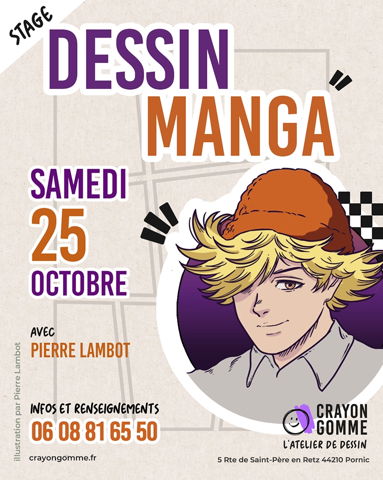 flyer du stage dessin manga avec un dessin de  jeune homme blond souriant style manga, portant un bonnet orange et une chemise grise,  et les informations du stage