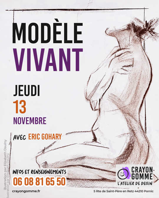 Flyer pour une séance de modèle vivant à Pornic. On voit le texte à gauche qui mentionne la date et l'heure, Jeudi 13 Novembre 2025 de 14h à 18h, et le logo en bas. À droite le dessin de la silhouette d'une femme assises sur les genoux, les bras croisés sur le torse