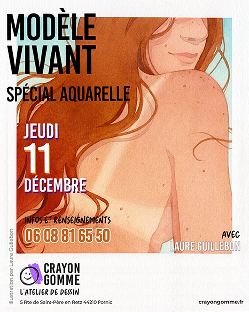 Flyer pour une séance de modèle vivant à Pornic. On voit le texte à gauche qui mentionne la date et l'heure, Jeudi 11 Décembre 2025 de 14h à 18h, et le logo en bas. En arrière plan on voit une femme de dos, nue, aux cheveux roux. Son visage est coupé et on ne voit les yeux. On ermarque qu'elle a la trace du maillot de bain.