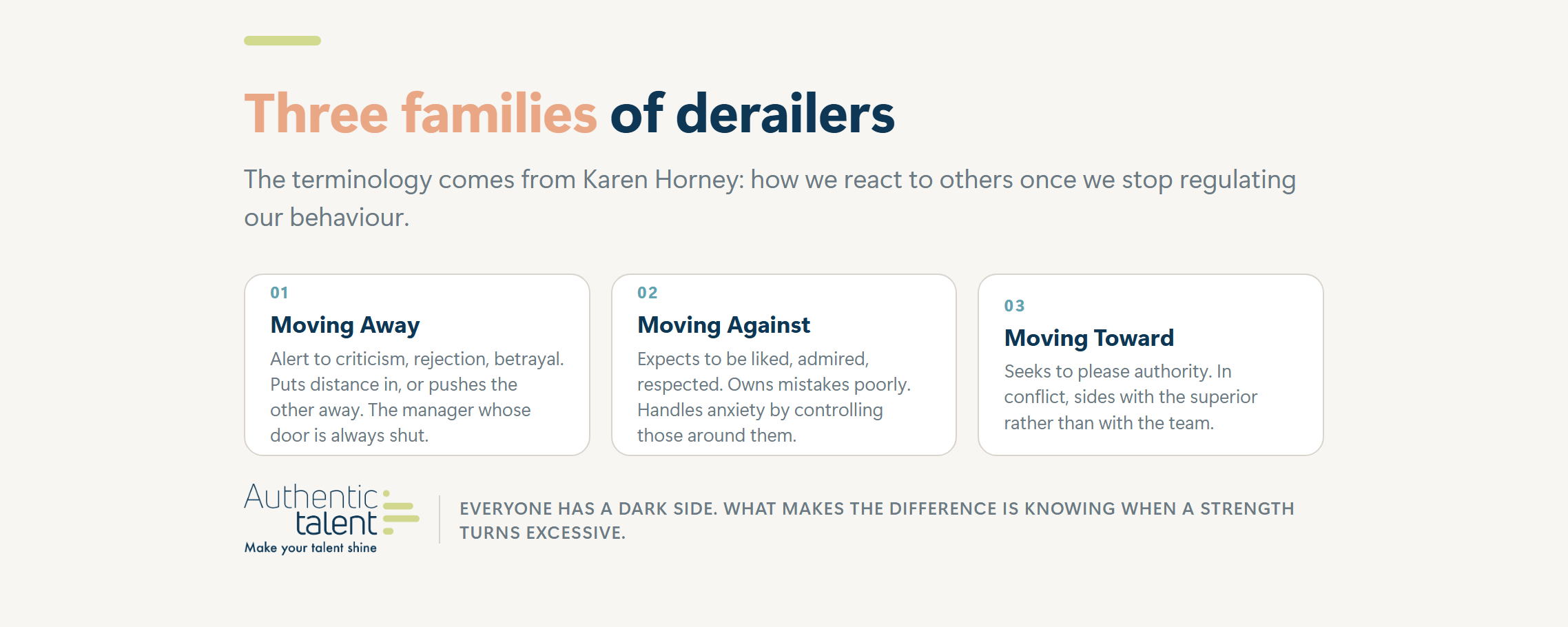 Three families of derailers : The terminology comes from Karen Horney: how we react to others once we stop regulating our behaviour.