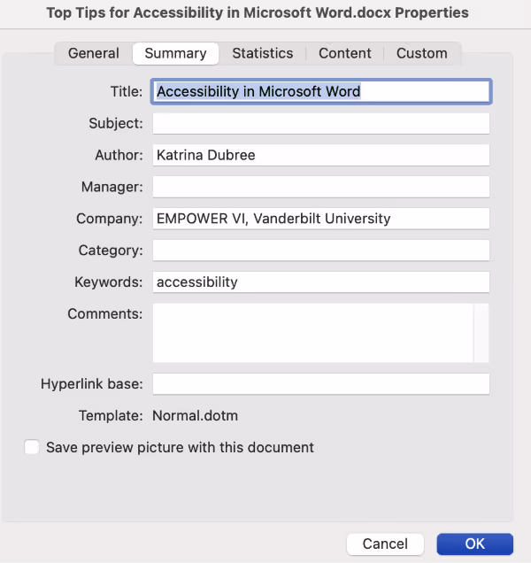 Screenshot of title section under properties. The Document title is highlighted in blue and reads Accessibility in Microsoft Word. Additional areas filled in are Author, Company, and keywords.