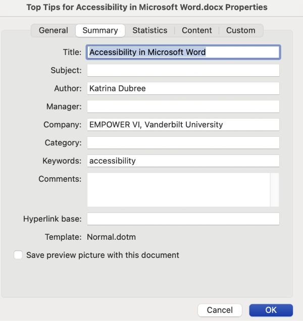 Screenshot of title section under properties. The Document title is highlighted in blue and reads Accessibility in Microsoft Word. Additional areas filled in are Author, Company, and keywords.