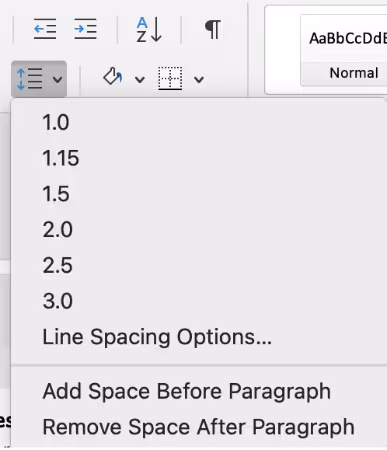 Screenshot of the drop down options under line and paragraph spacing tool. This includes a list of different line heights, line spacing options, add space before paragraph and remove space after paragraph.
