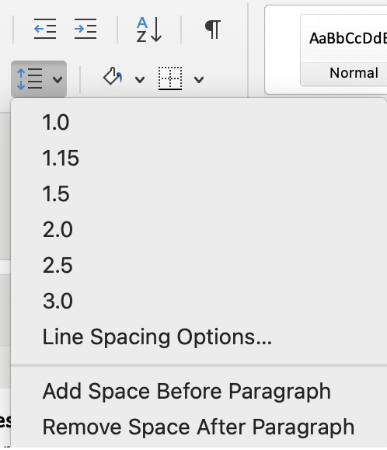 Screenshot of the drop down options under line and paragraph spacing tool. This includes a list of different line heights, line spacing options, add space before paragraph and remove space after paragraph.