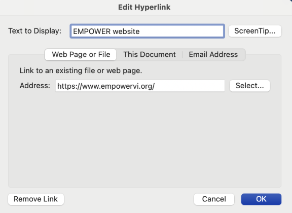 Edit Hyperlink menu. Text to Display reads: EMPOWER website. Address reads: https://www.empowerVI.org/