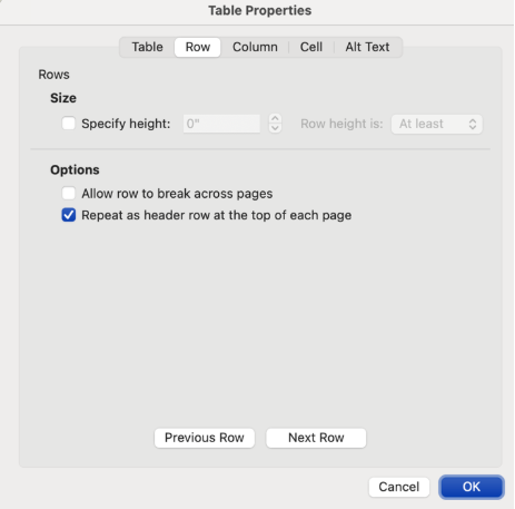 Screenshot of table properties menu, Row tab. Under options, the checkbook to repeat as header row at the top of each page is selected. 