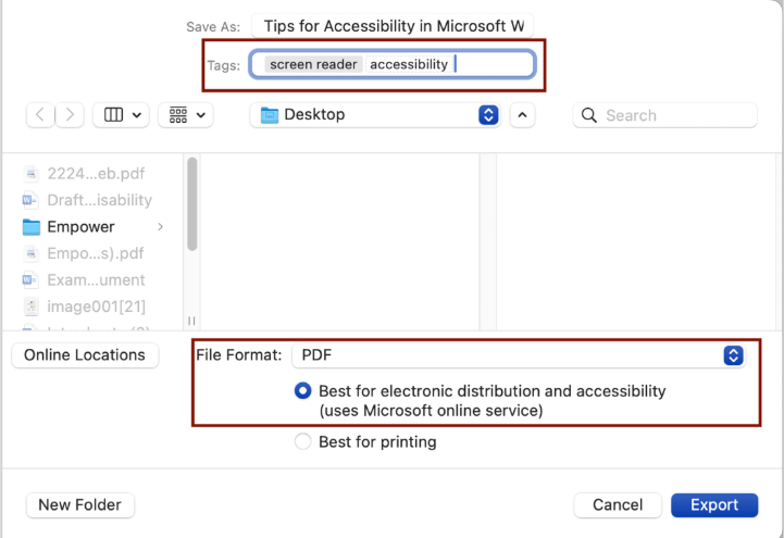 Screen shot of the pop out menu that appears for the save as function. The area to add tags contains the words screen reader and accessibility and is highlighted by a red box. The file format section is highlighted by a red box and shows PDF as selected. The radio button for best for electronic distribution and accessibility is selected.