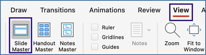 Screenshot of Home tool bar. View tab highlighted and selected. Slide Master selected and highlighted.