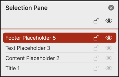 screenshot of selection pane menu showing four elements. the Footer Placeholder 5 is highlighted.