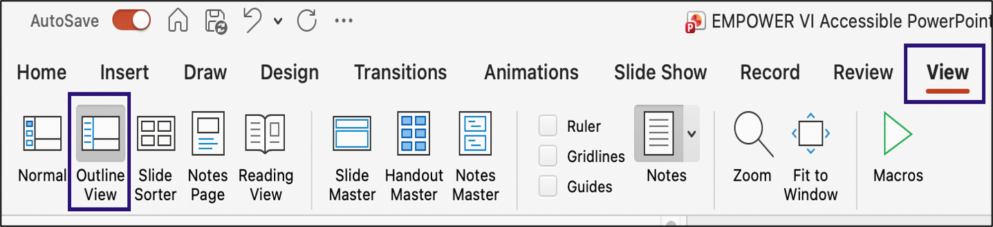 Screenshot of Home tool bar. View tab highlighted and selected. Outline View selected and highlighted.