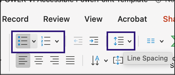 zoomed in section of home tool bar. Bullet and Numbering and line spacing tools are highlighted. 