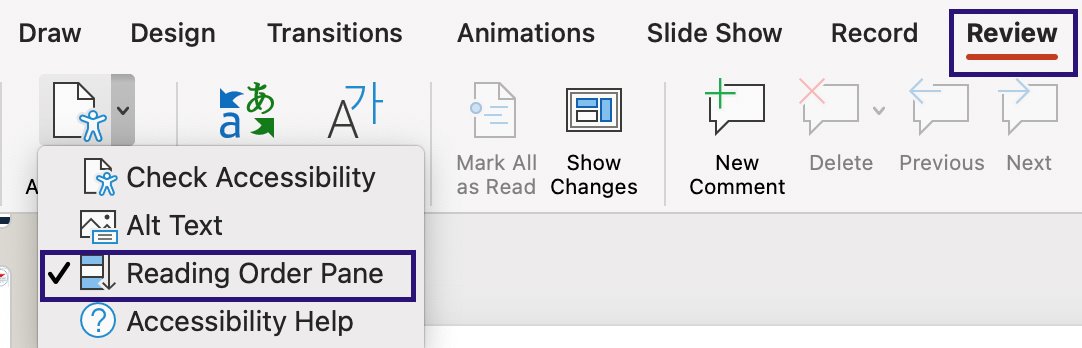 Home tool bar showing the Review tab selected. Under the Check Accessibility drop down, reading order pane is highlighted.