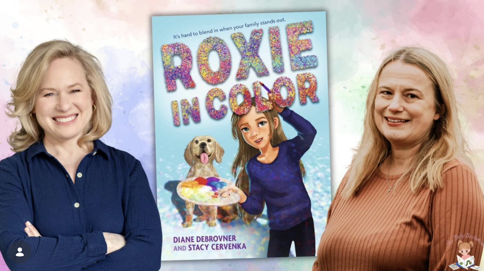 Diane Debrovner and Stacy Cervenka smile with the cover of their book Roxie in Color
