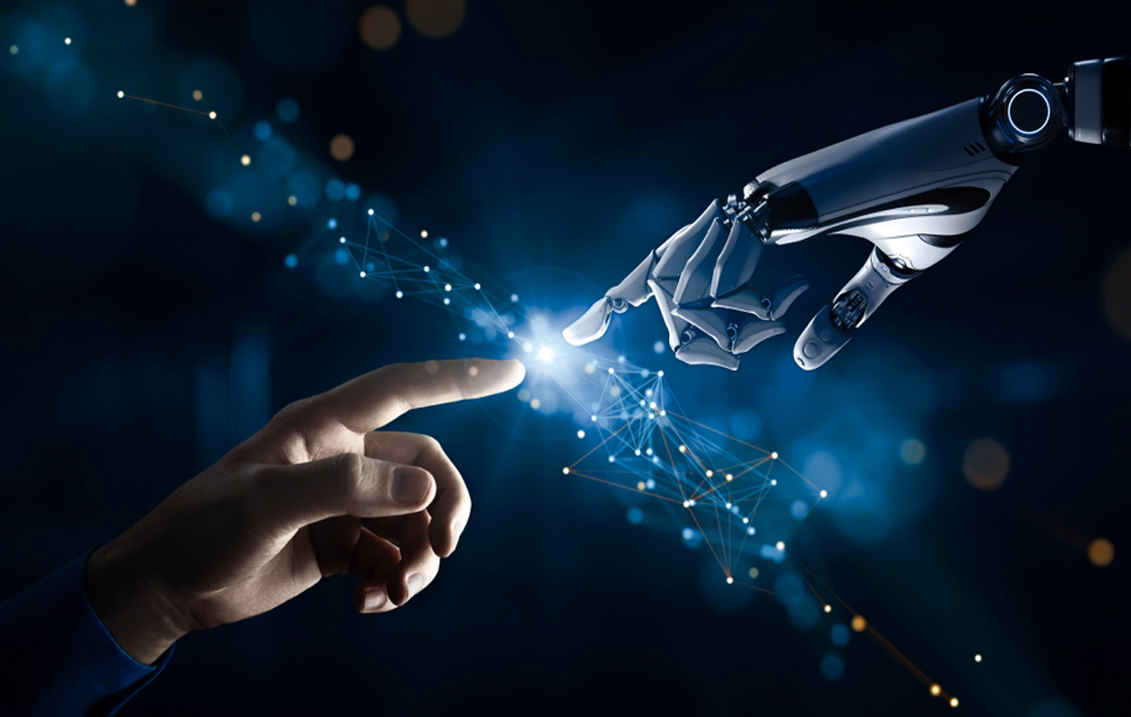 AI and technology collaboration: A human hand and a robotic hand reaching towards each other, symbolizing the integration of artificial intelligence and human innovation in a digital network.
