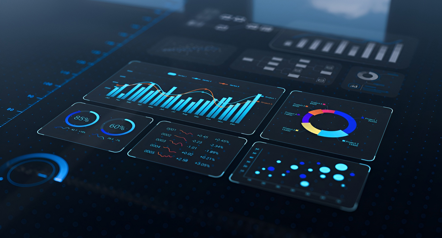 A futuristic digital dashboard displaying various glowing blue charts, graphs, and data visualizations for data analytics.