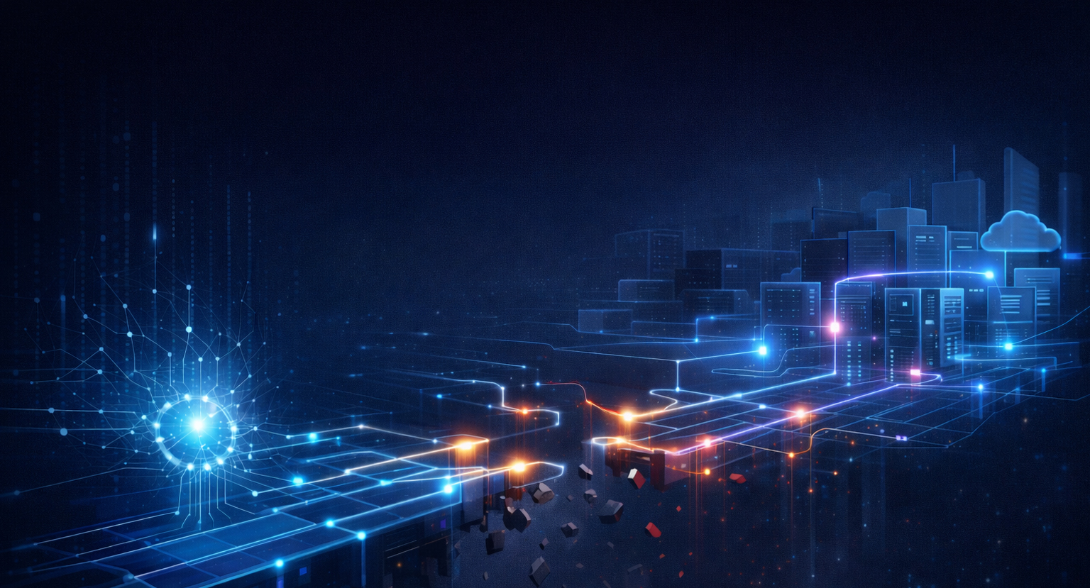 High-tech digital city background with text "From AI Pilot To Production: Why Enterprise AI Projects Fail to Scale.