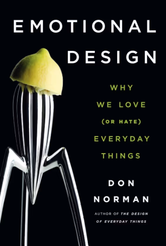 Cover of the book 'Emotional Design' by Don Norman featuring a metallic juicer with a half lemon on top against a black background.