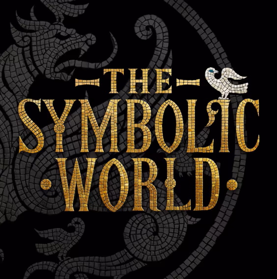 Mosaic-style gold and white text reading 'The Symbolic World' with an ornate dragon and bird design in the background.