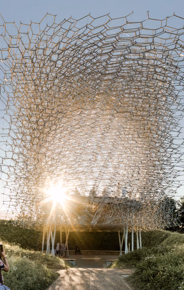 Sunlight shining through a large, intricate metal honeycomb sculpture elevated by white pillars with people underneath, surrounded by greenery.