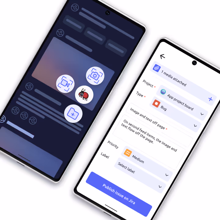 Two smartphones showing a bug report workflow app interface, one with a dark mode screen and icons, the other with a form to publish an issue on Jira.