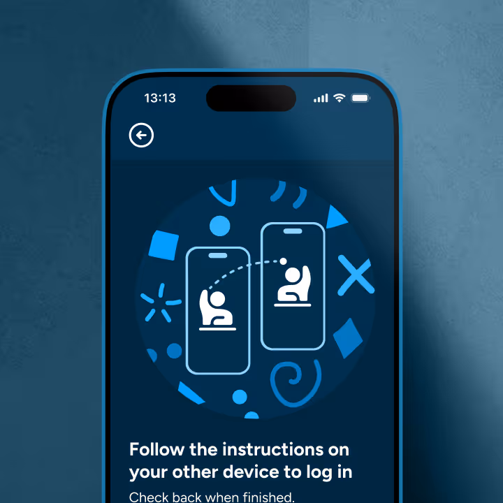 Smartphone screen showing instructions to follow on another device to log in with an icon of two phones and users connected by dotted line.
