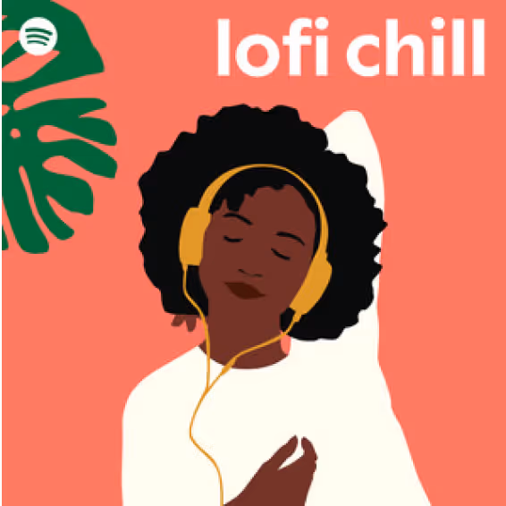 Illustration of a person with curly hair wearing yellow headphones and relaxing with eyes closed on a coral background with text 'lofi chill'.