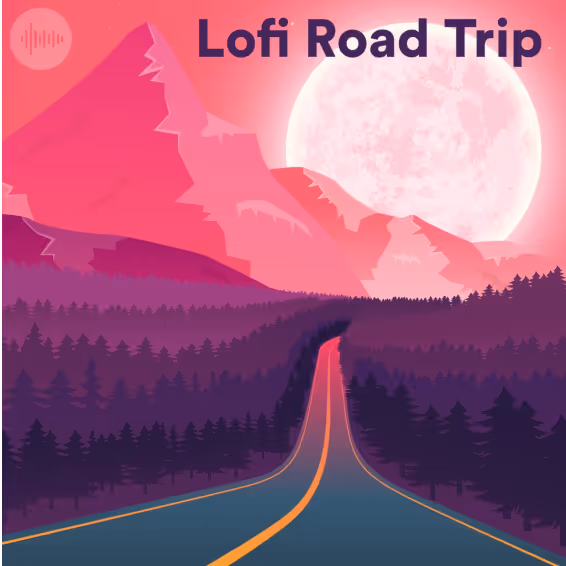 Illustrated long road leading through dark pine trees toward pink mountains with a large full moon in the background and text reading 'Lofi Road Trip'.