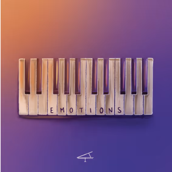 Piano keys with the letters on white keys spelling out the word EMOTIONS on a purple and orange gradient background.