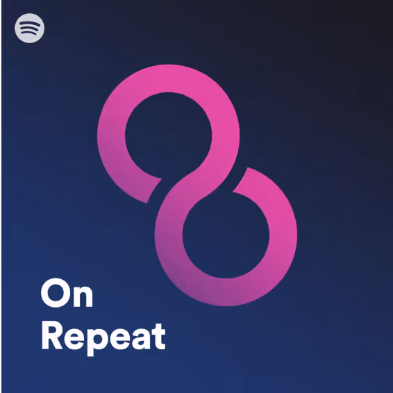 Spotify logo with pink looped infinity symbol and text 'On Repeat' on dark blue background.