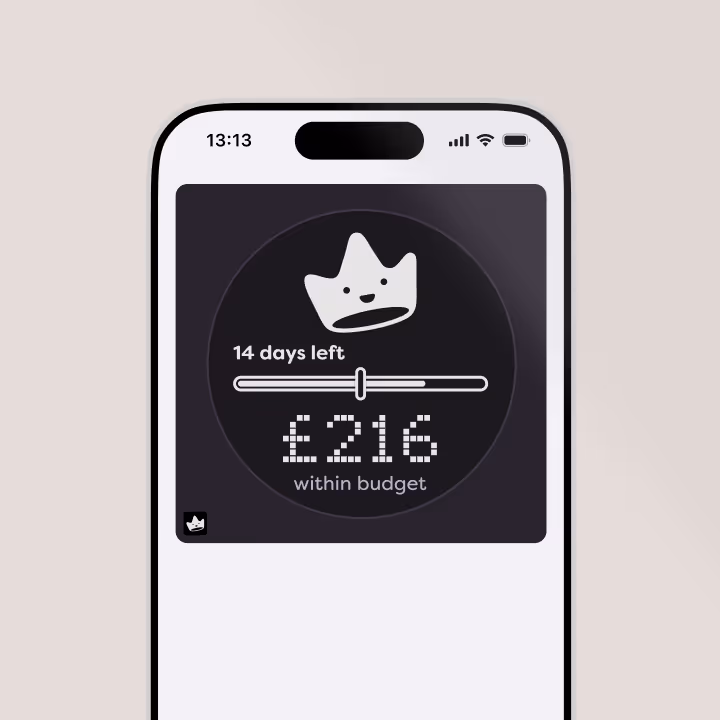 Smartphone screen showing a budgeting app with a crown icon, a progress bar indicating 14 days left, and £216 within budget displayed.
