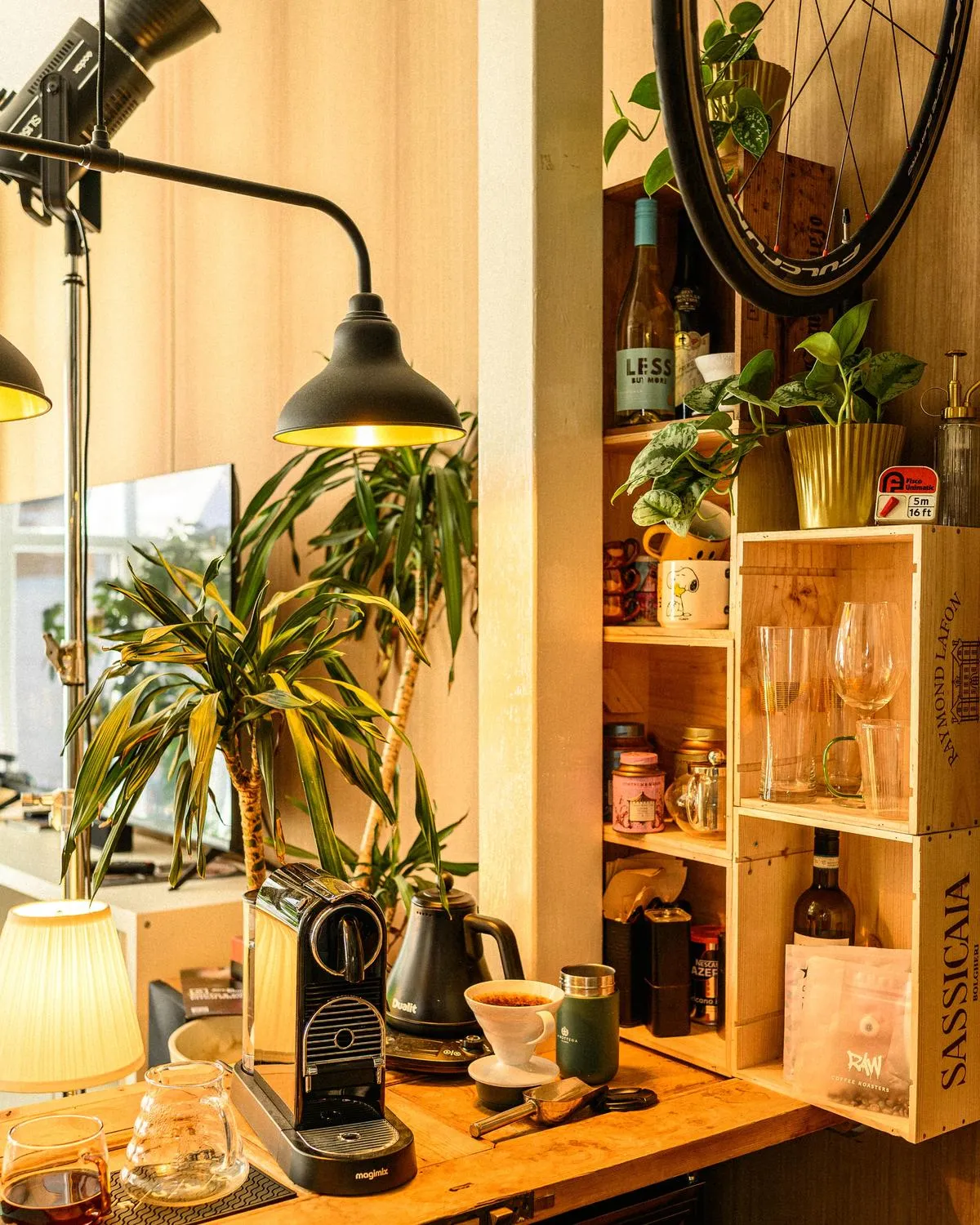Cozy coffee station with espresso machine, kettle, coffee filter, plants, and wooden shelves with bottles and glasses.