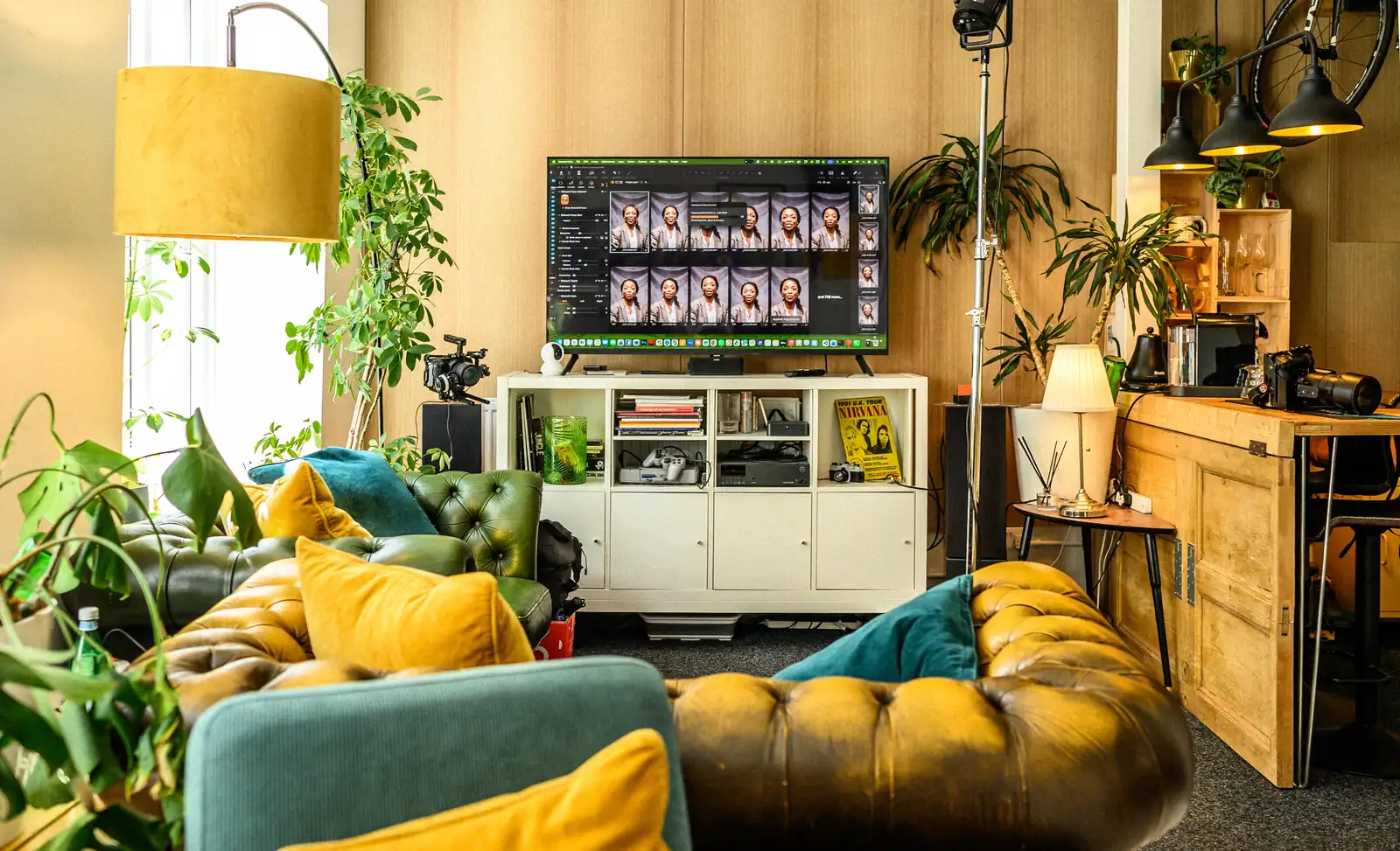 Client breakout lounge with Chesterfield seating and large viewing screen at Dock Street Studio