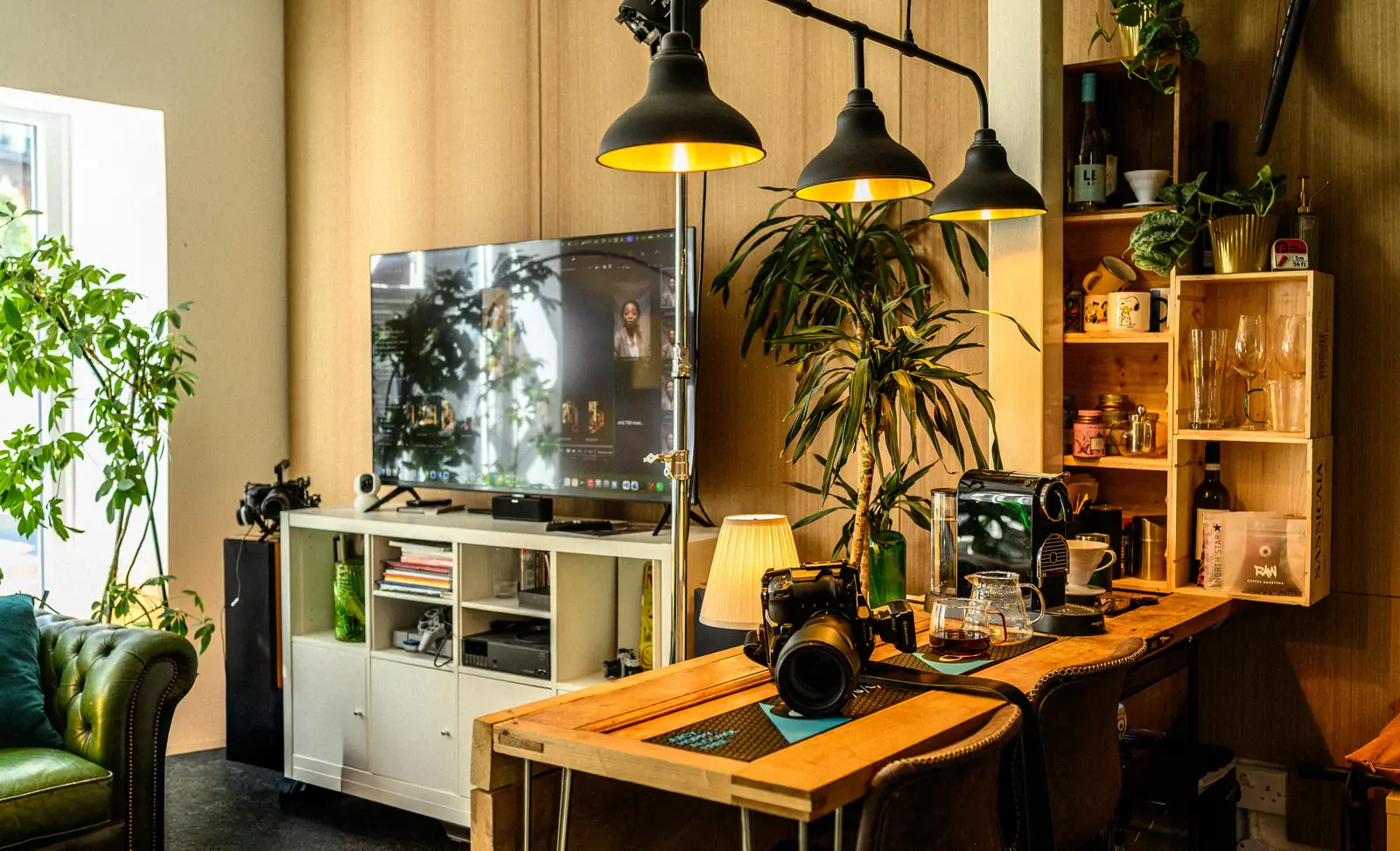 Client workstation and coffee station beside the shooting space at Dock Street Studio