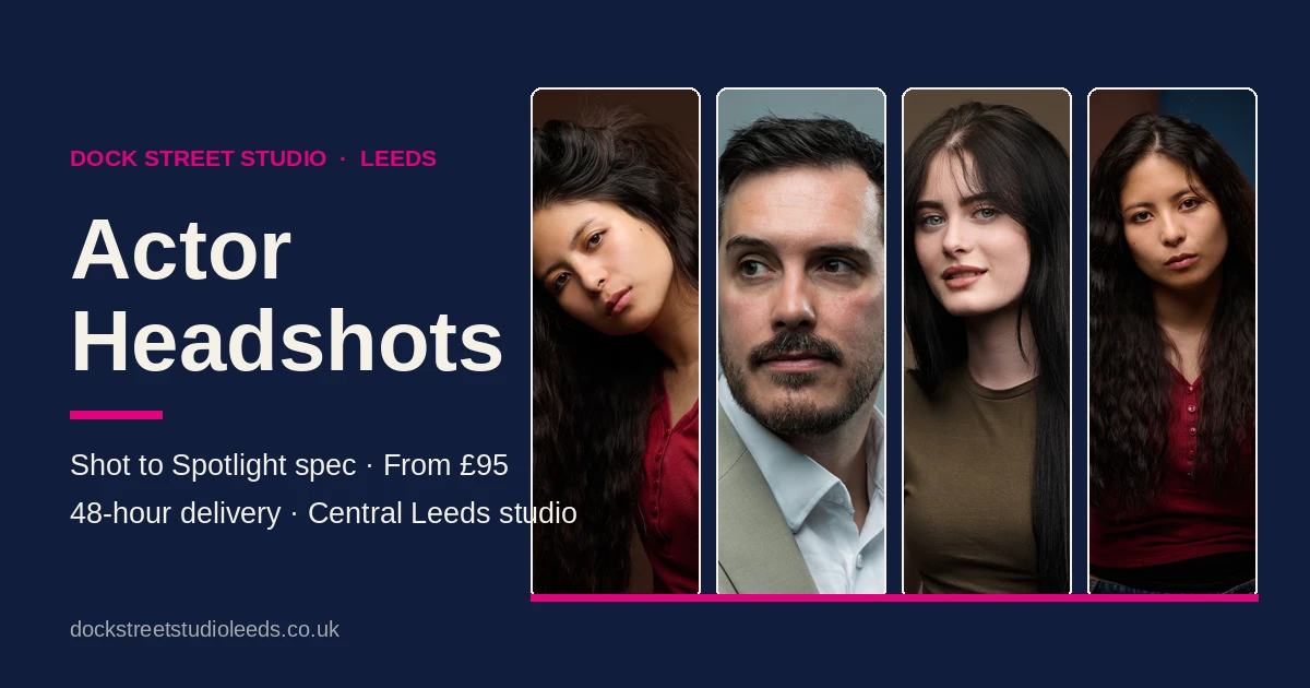 Actor headshots in Leeds — casting strip of four actor portraits by Dock Street Studio, shot to Spotlight spec from £95