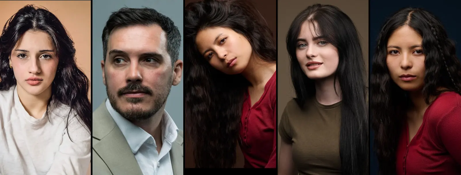 Five professional headshots made at Dock Street Studio Leeds — actors and corporate clients on studio backgrounds