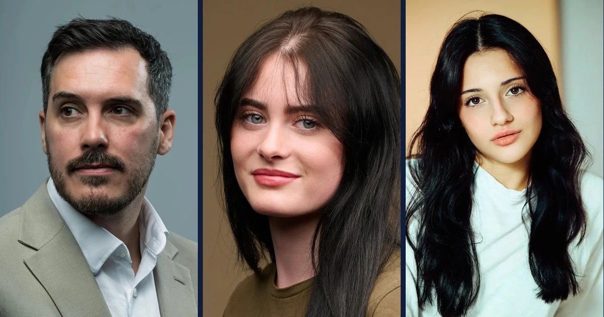 Three studio headshots on grey and warm backdrops, photographed at Dock Street Studio in Leeds