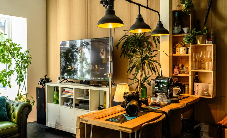Content studio at Dock Street Studio in Leeds set up for a brand shoot, with lighting, seating and editing space