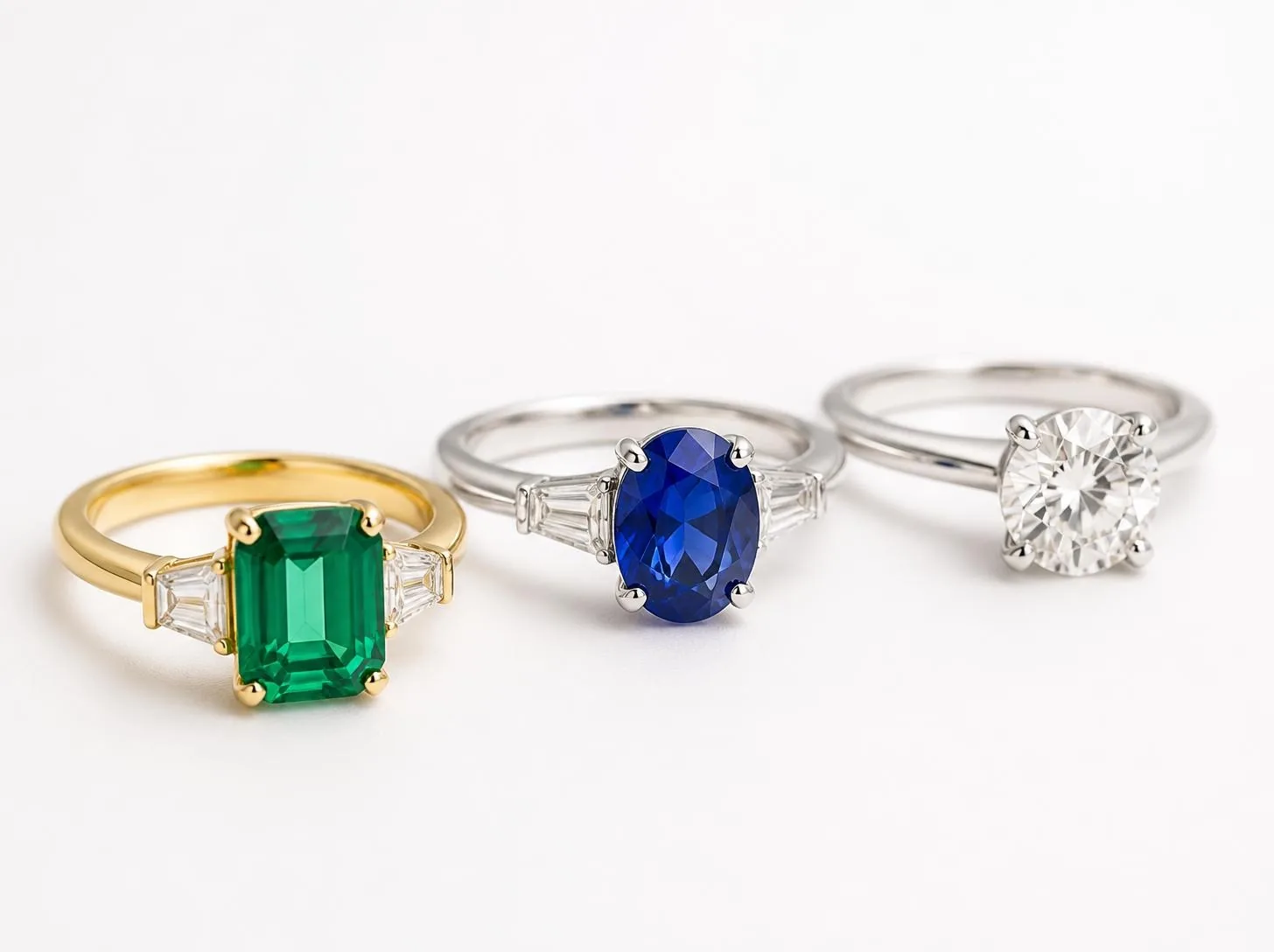 Emerald, sapphire and diamond rings lined up on a white sweep under identical studio lighting, showing consistent colour and reflections across a range