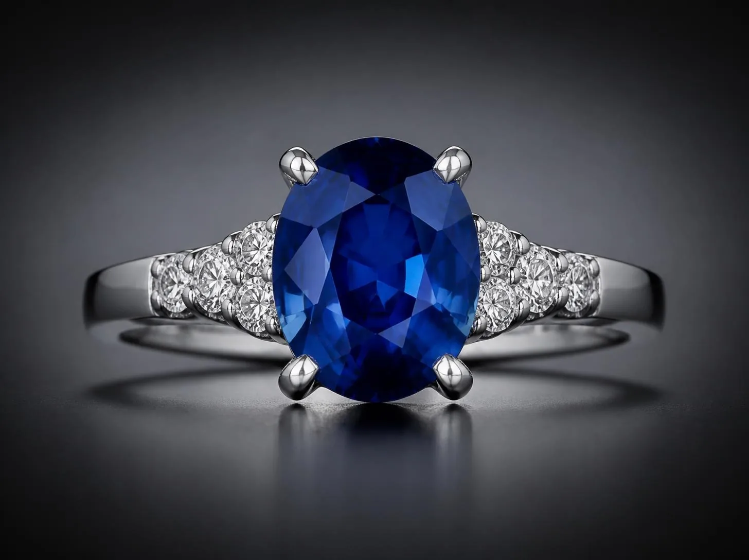 Blue sapphire ring photographed with a small hard light aimed at the stone, showing facet scintillation against soft light on the white gold setting