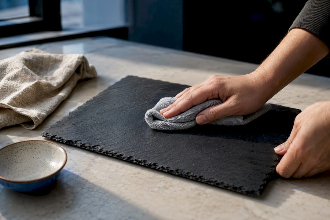 Hands wiping down a slate photography prop with a cloth
