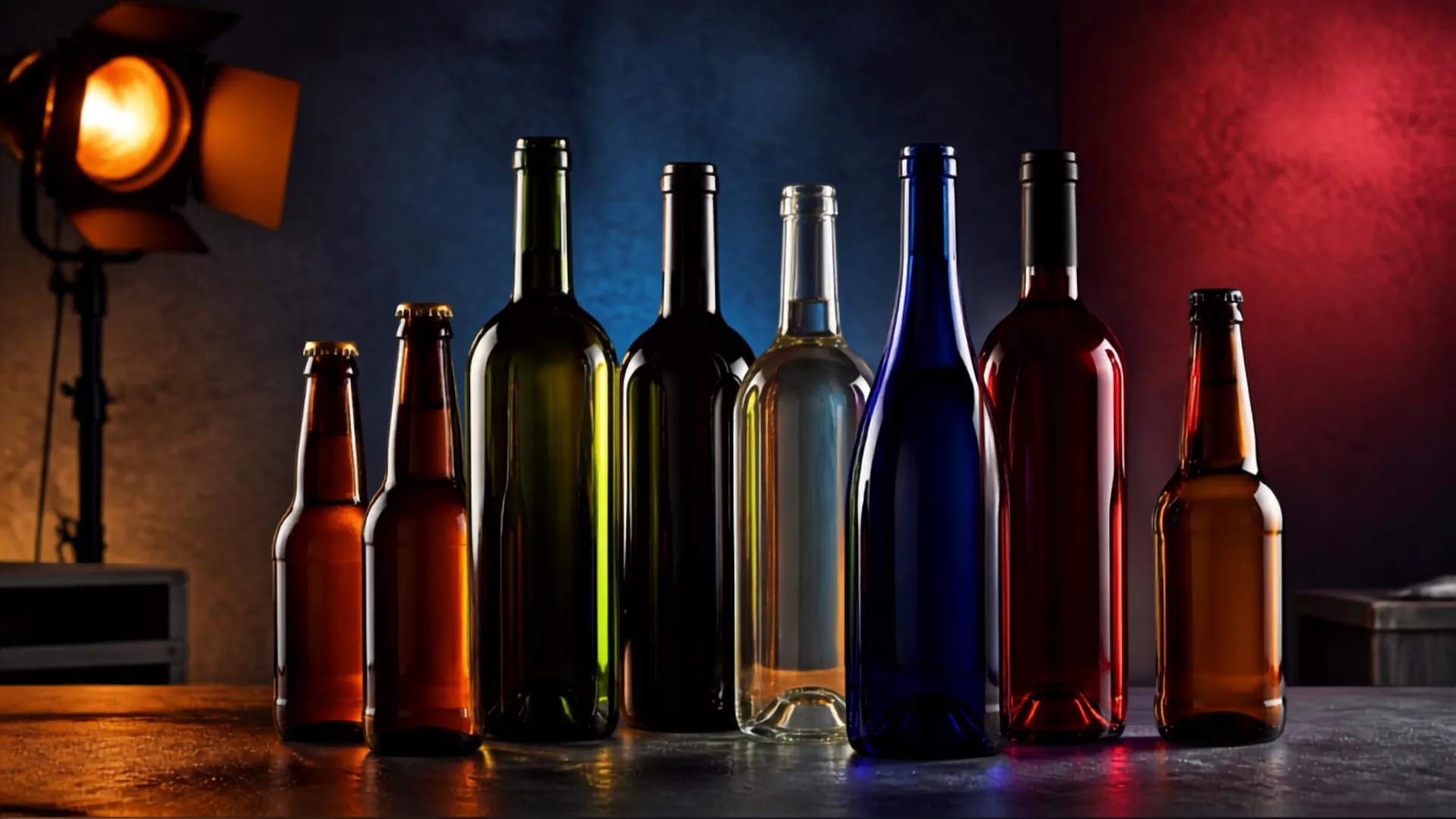 Row of coloured glass drink bottles lit by a studio light against a blue and red background
