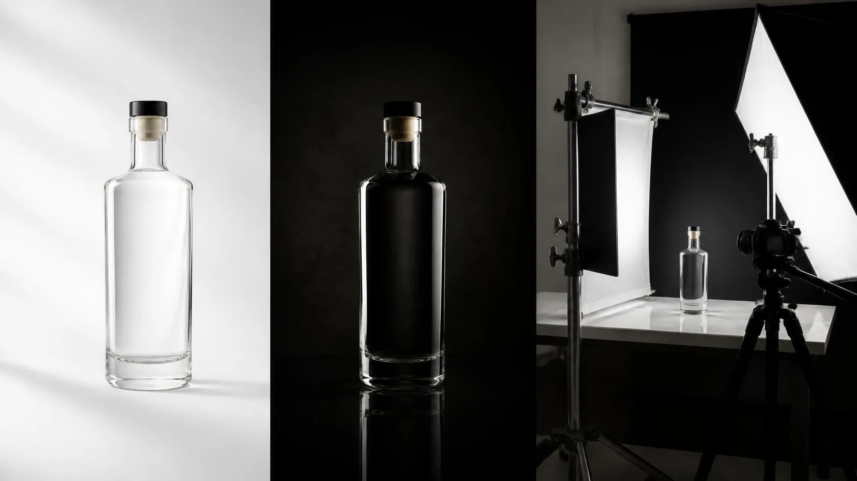 Clear glass bottle photographed on white and black backgrounds beside the studio lighting setup with diffusion panel and camera