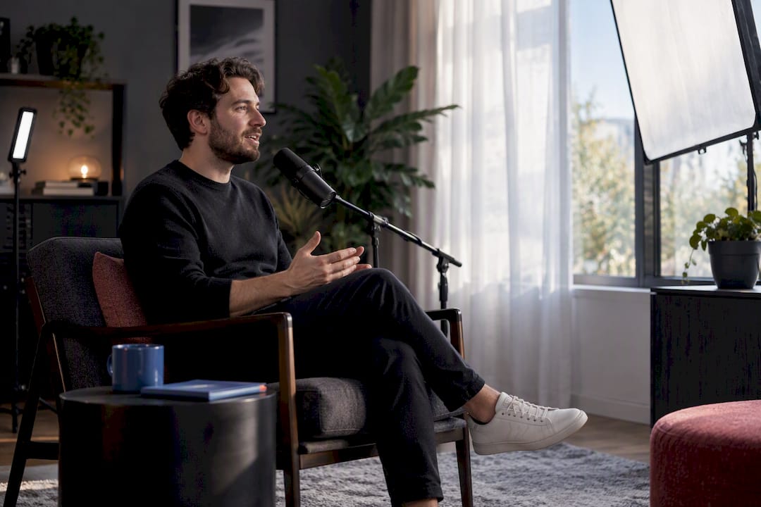 Empty podcast chair set at an angle beside a large window with sheer curtains diffusing daylight, showing how to use window light as a key light for a solo podcast